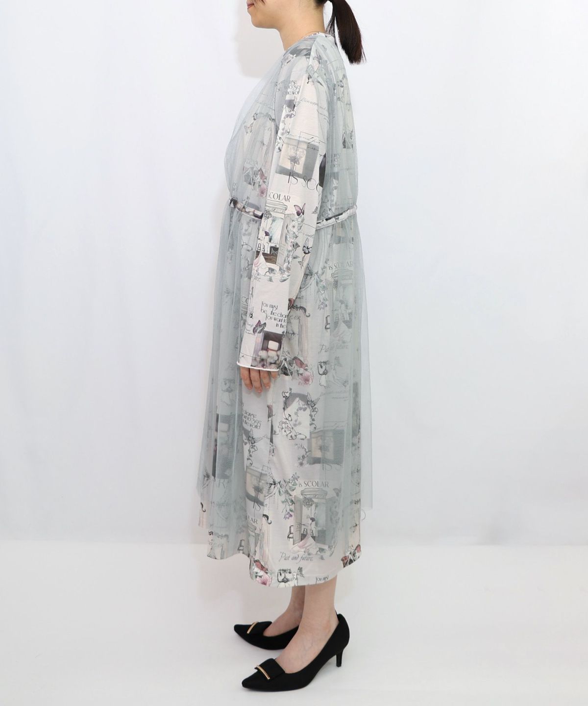 現在と過去イメージプリント チュール重ねワンピース-8