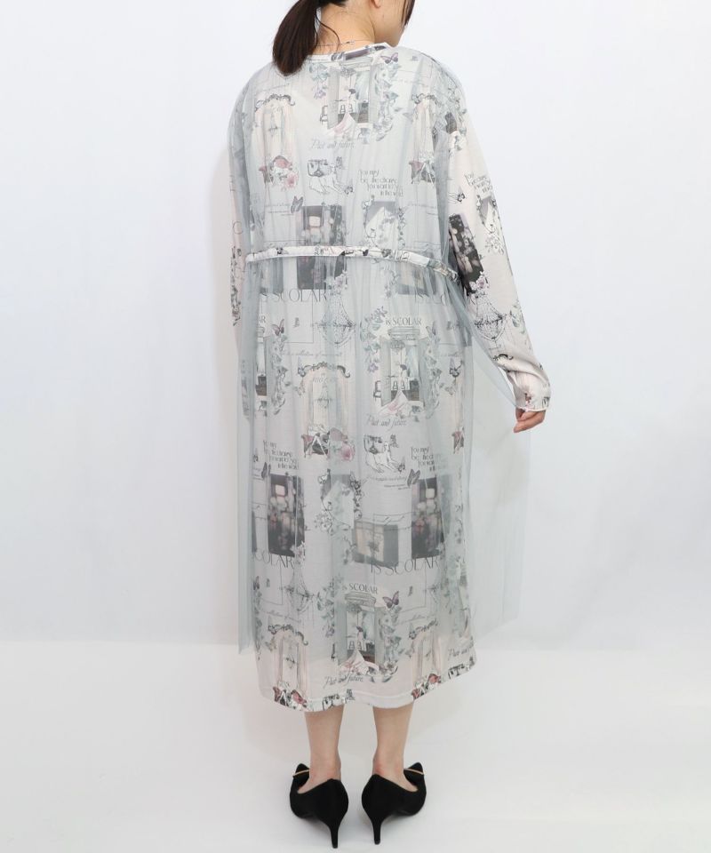 現在と過去イメージプリント チュール重ねワンピース-9
