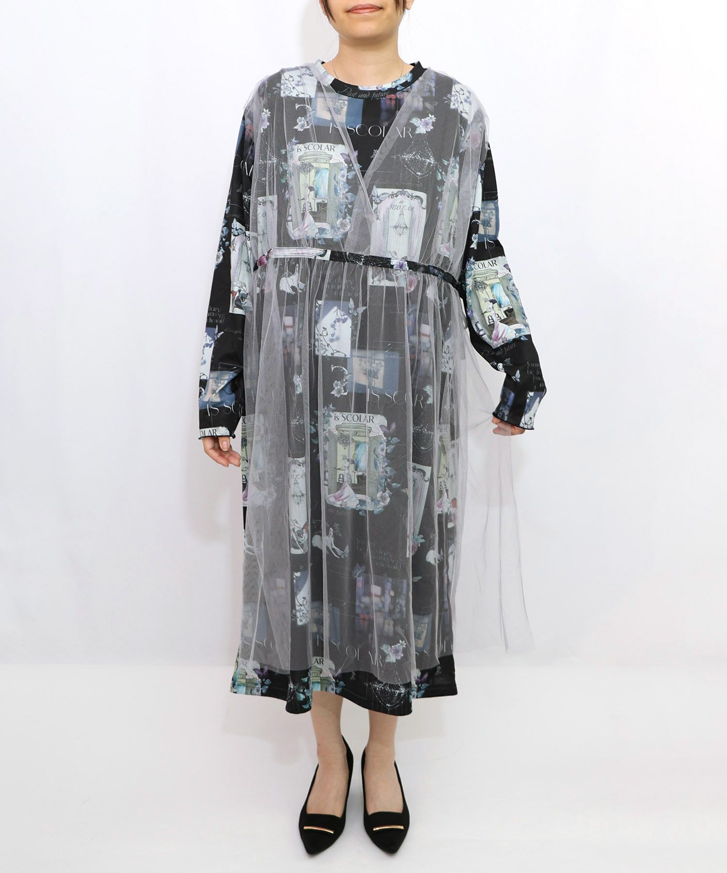現在と過去イメージプリント チュール重ねワンピース-10