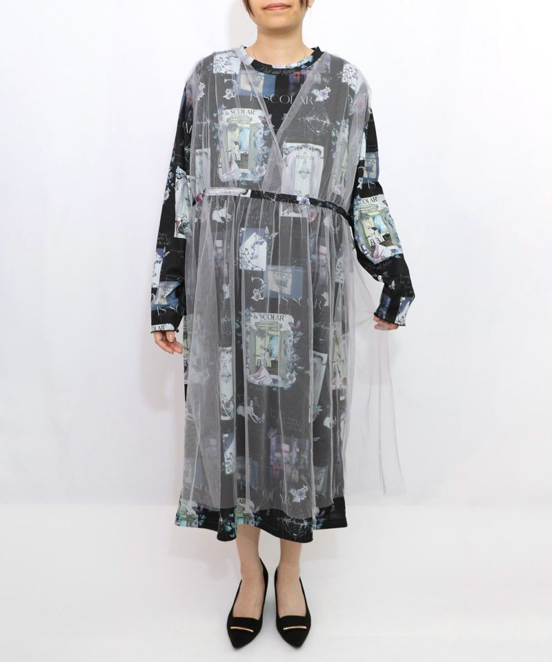 現在と過去イメージプリント チュール重ねワンピース-10