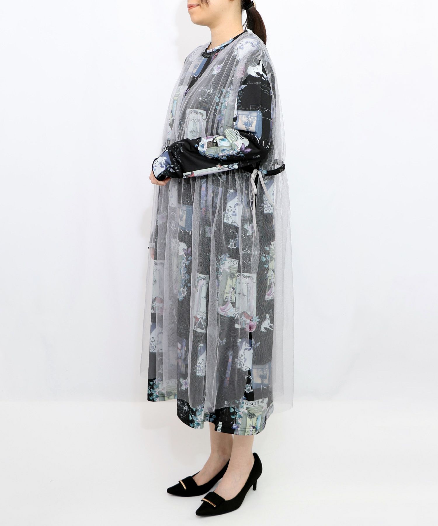 現在と過去イメージプリント チュール重ねワンピース-11