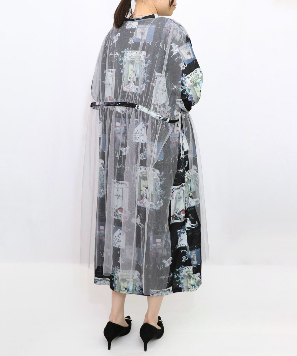 現在と過去イメージプリント チュール重ねワンピース-12