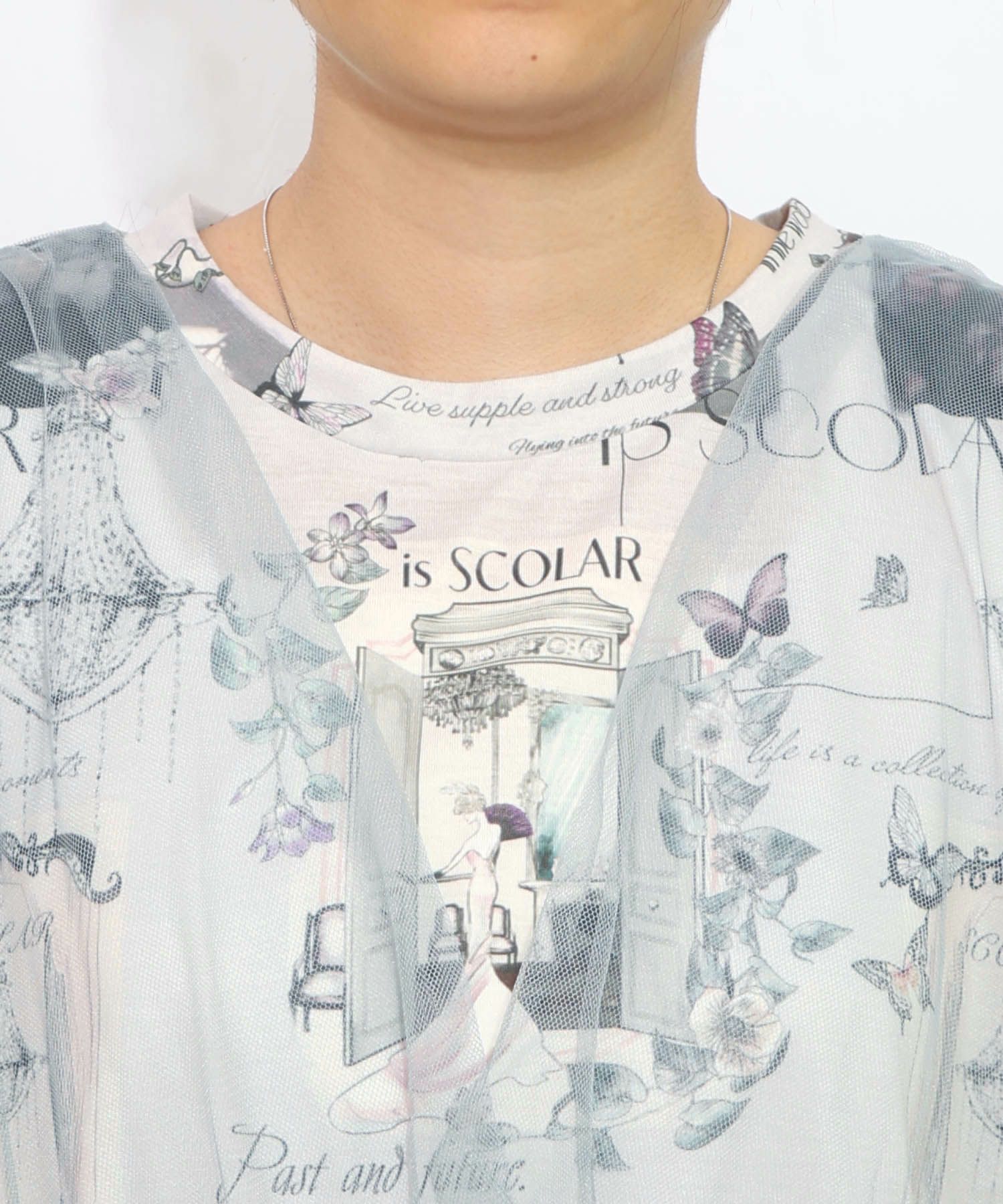 現在と過去イメージプリント チュール重ねワンピース-14