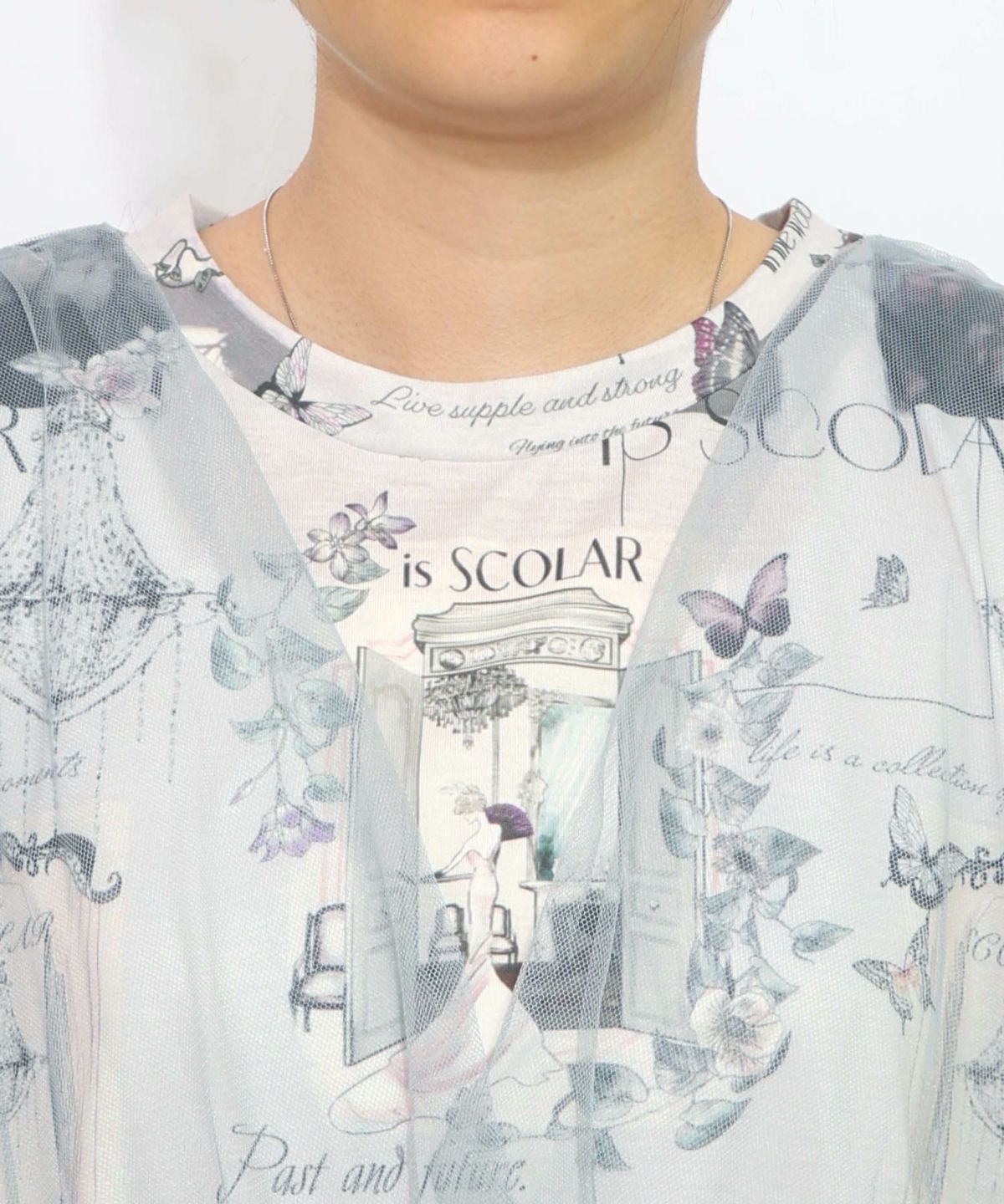 現在と過去イメージプリント チュール重ねワンピース-14