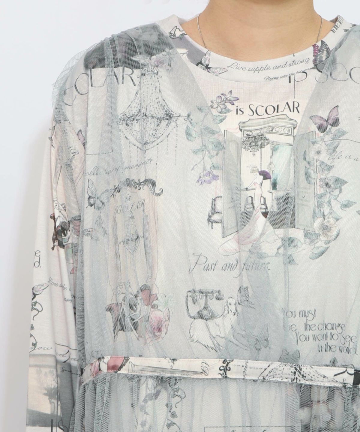 現在と過去イメージプリント チュール重ねワンピース-15