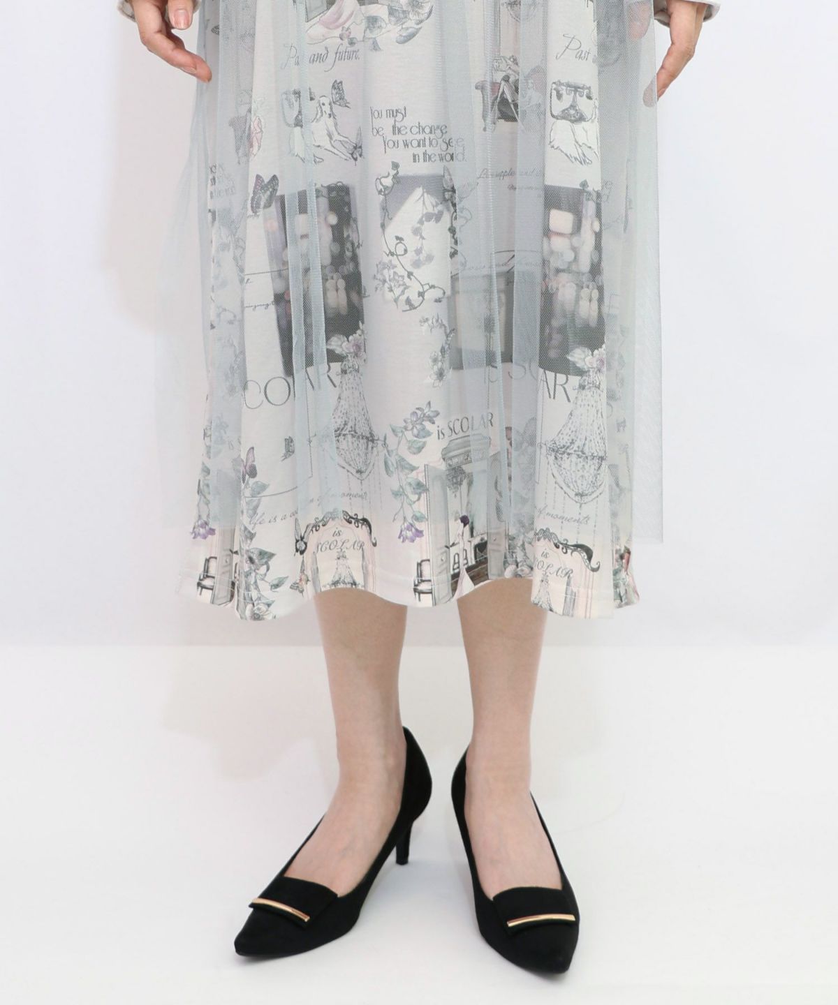 現在と過去イメージプリント チュール重ねワンピース-17