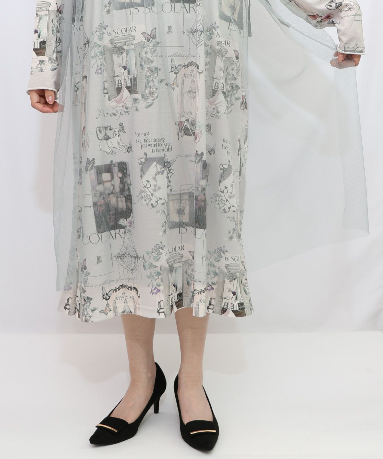 現在と過去イメージプリント チュール重ねワンピース-18
