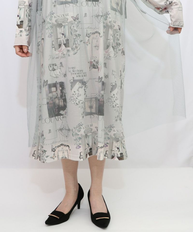 現在と過去イメージプリント チュール重ねワンピース-18