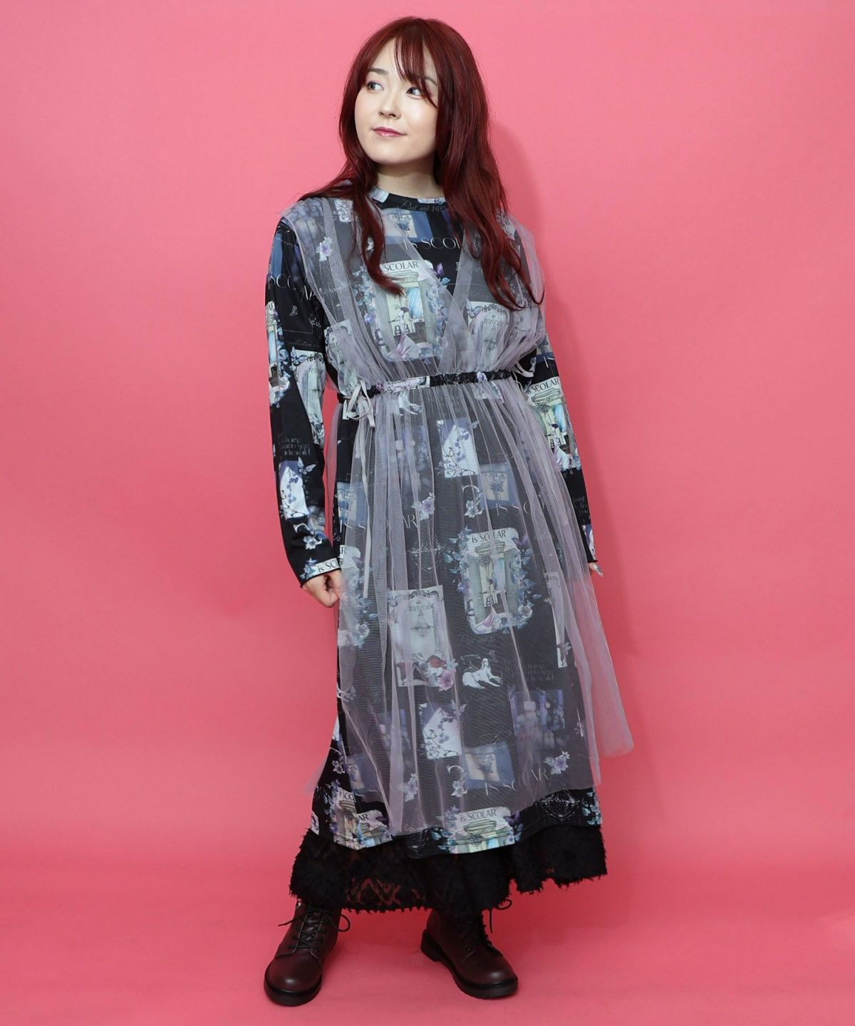 現在と過去イメージプリント チュール重ねワンピース-19