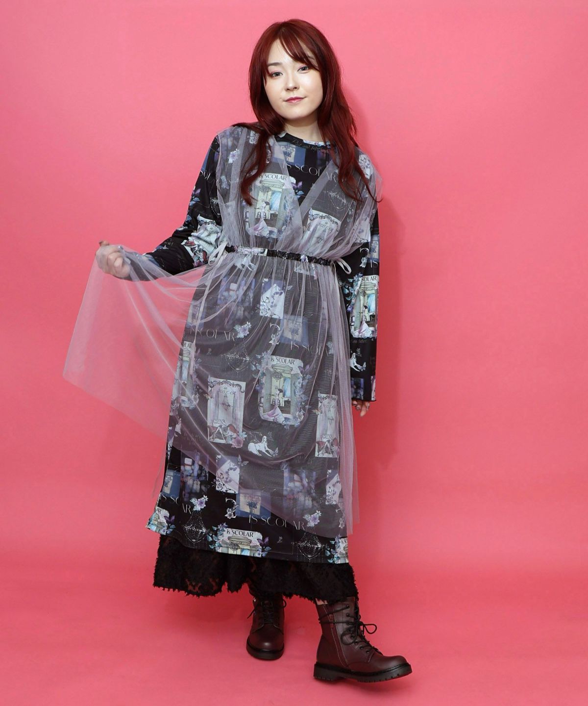 現在と過去イメージプリント チュール重ねワンピース-21