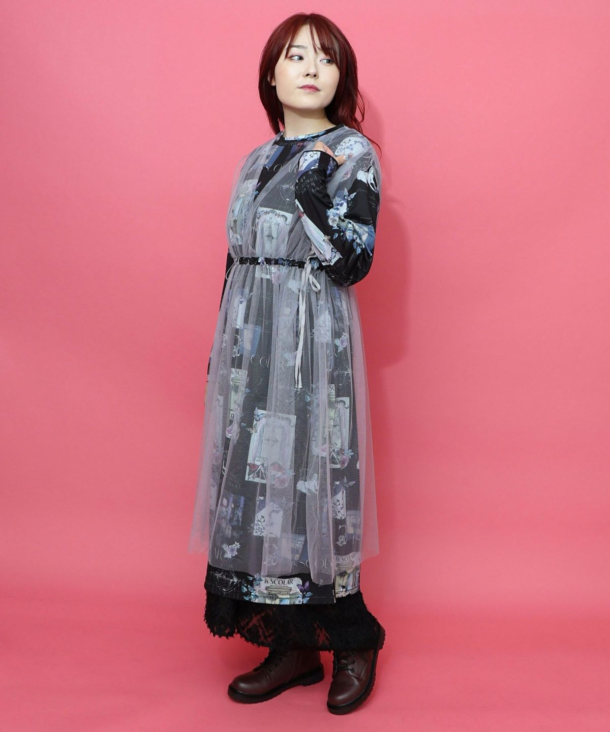 現在と過去イメージプリント チュール重ねワンピース-22