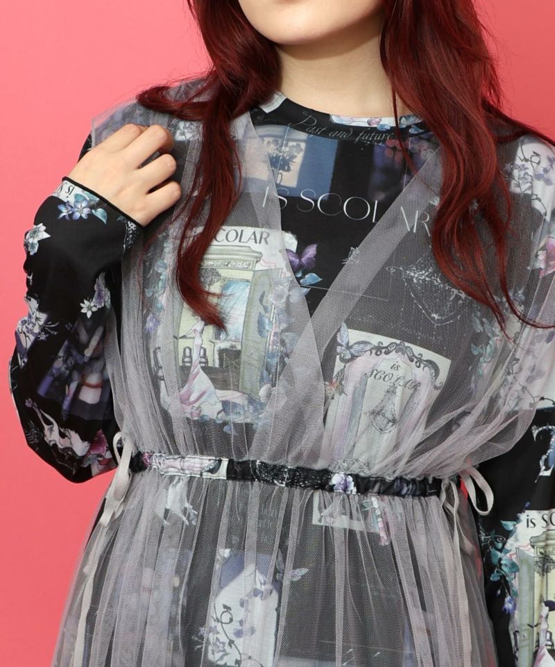 現在と過去イメージプリント チュール重ねワンピース-24