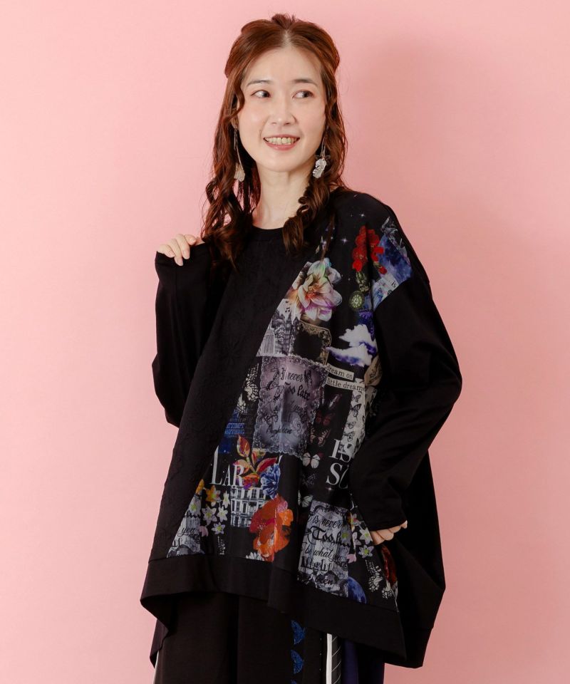蝶花コラージュ柄 異素材切替プルオーバー-1