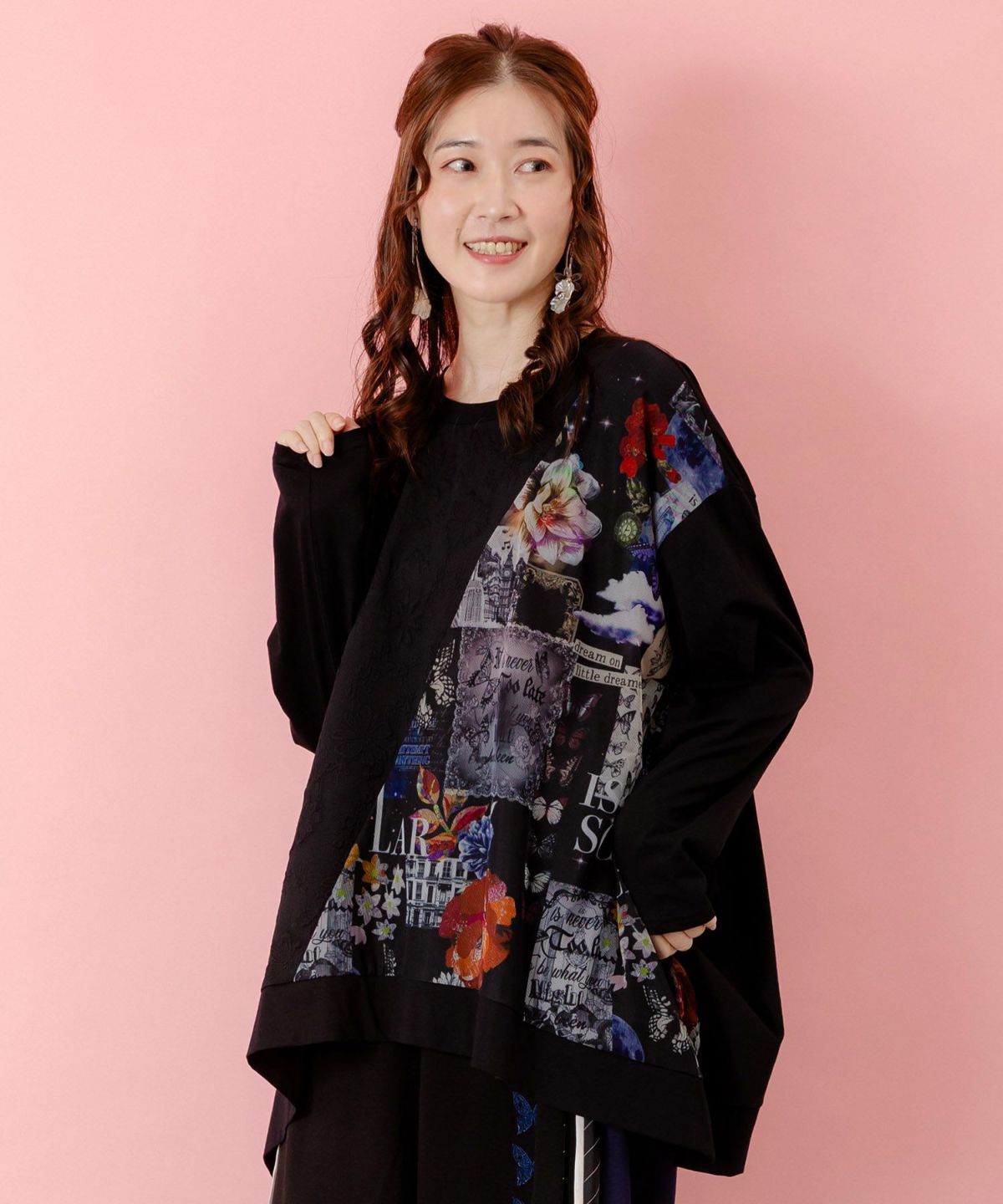 蝶花コラージュ柄 異素材切替プルオーバー-1