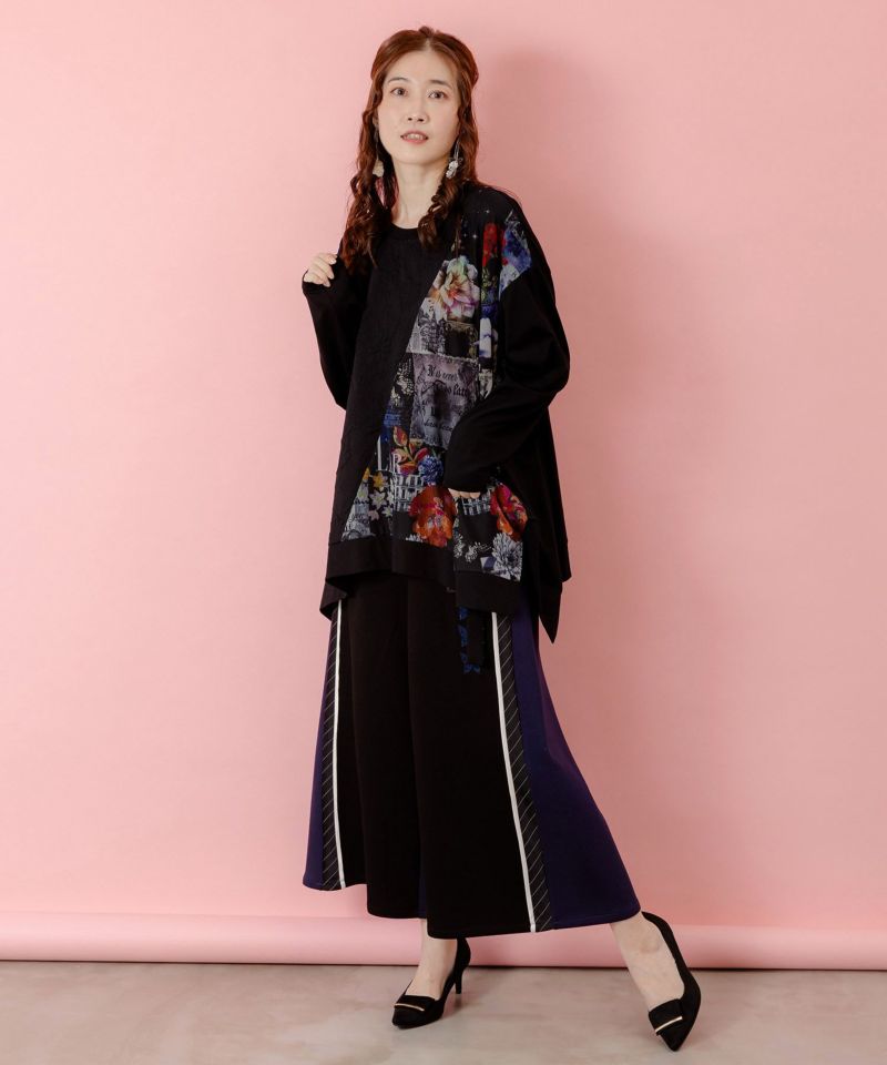 蝶花コラージュ柄 異素材切替プルオーバー-2