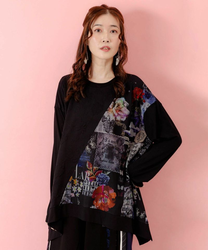 蝶花コラージュ柄 異素材切替プルオーバー-3