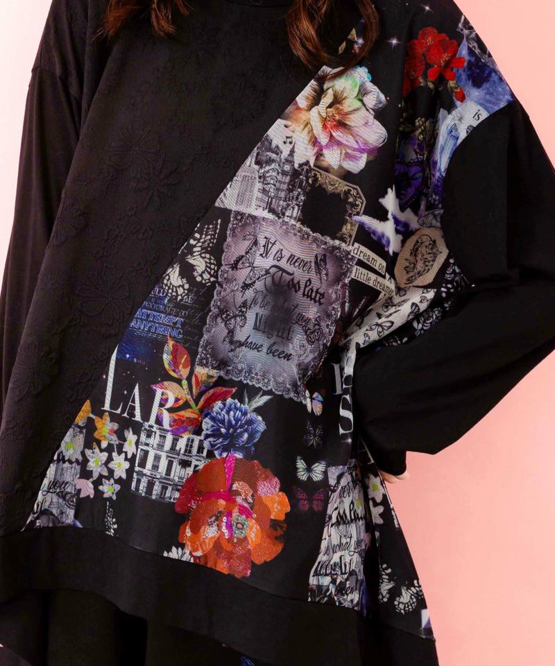 蝶花コラージュ柄 異素材切替プルオーバー-6