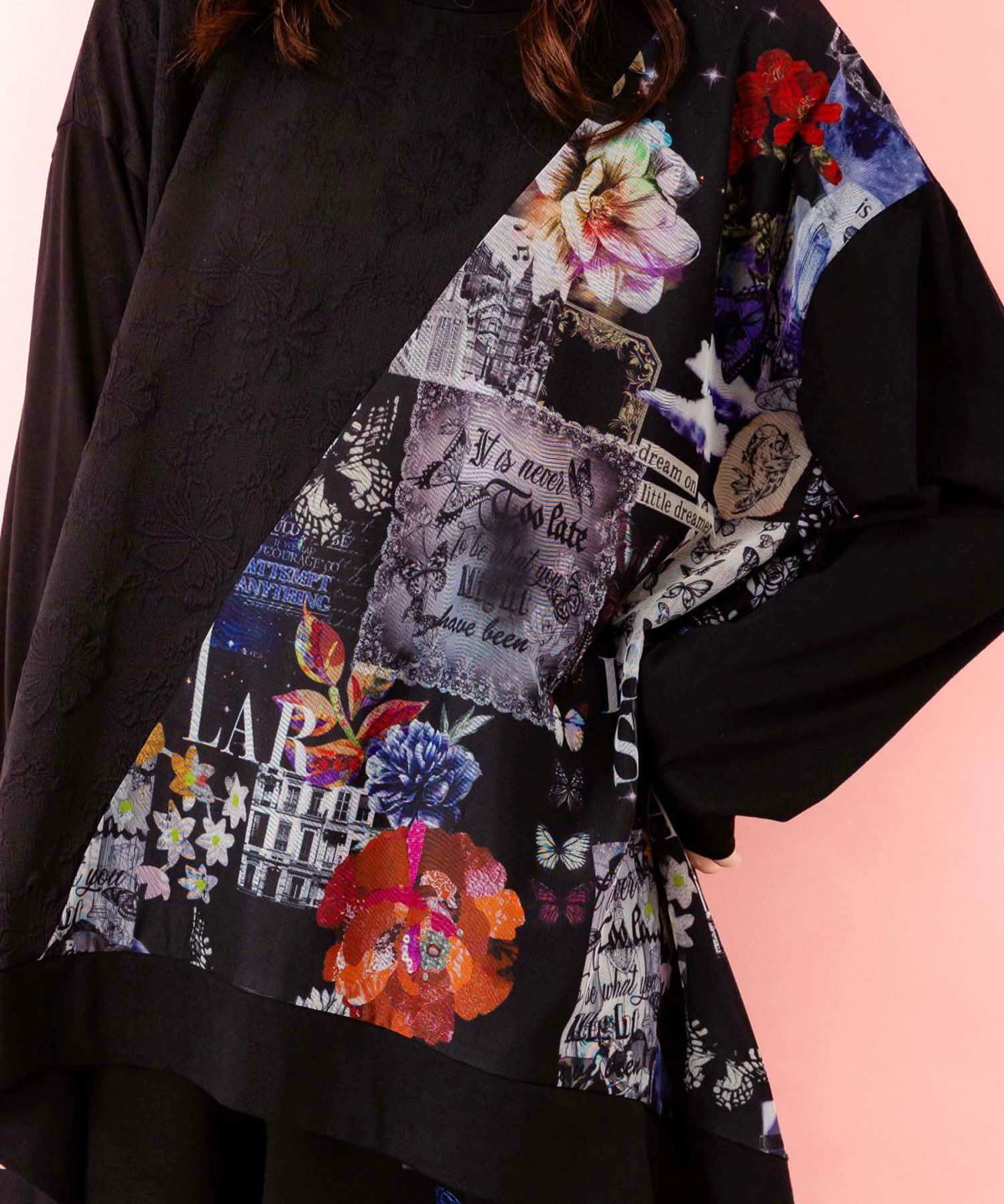 蝶花コラージュ柄 異素材切替プルオーバー-6