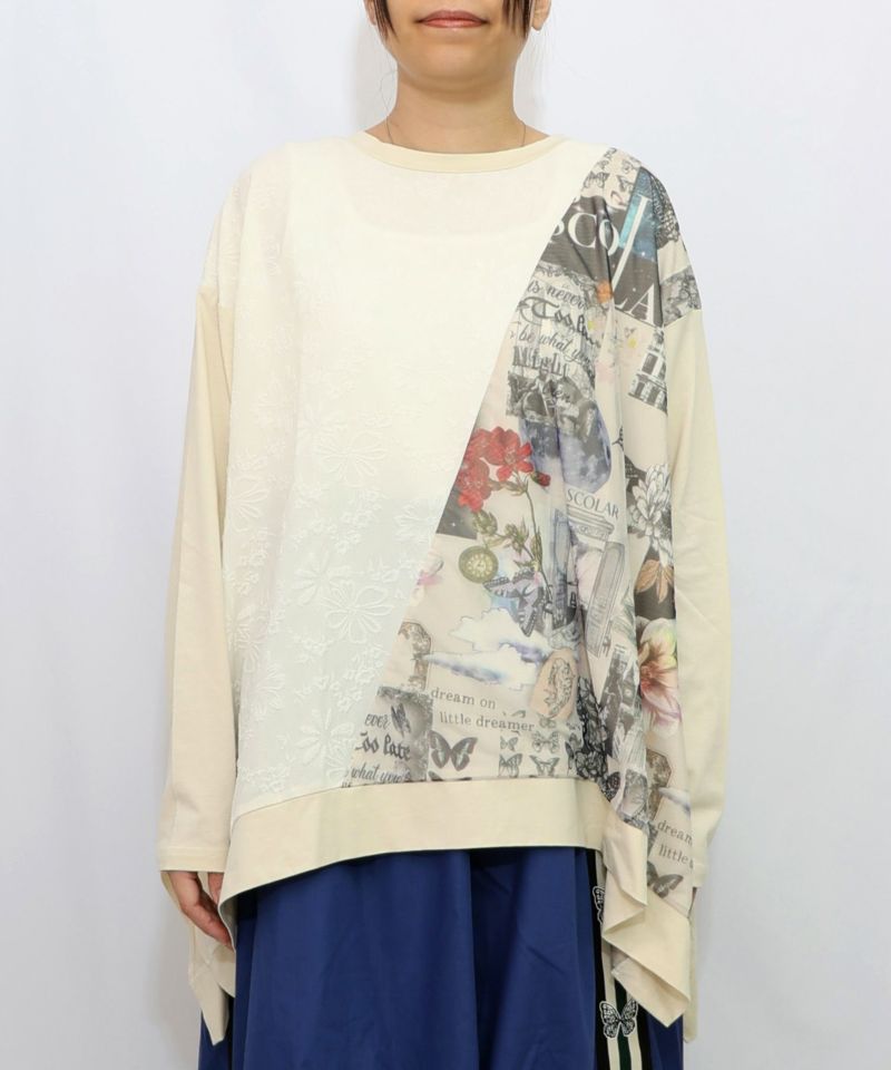 蝶花コラージュ柄 異素材切替プルオーバー-8