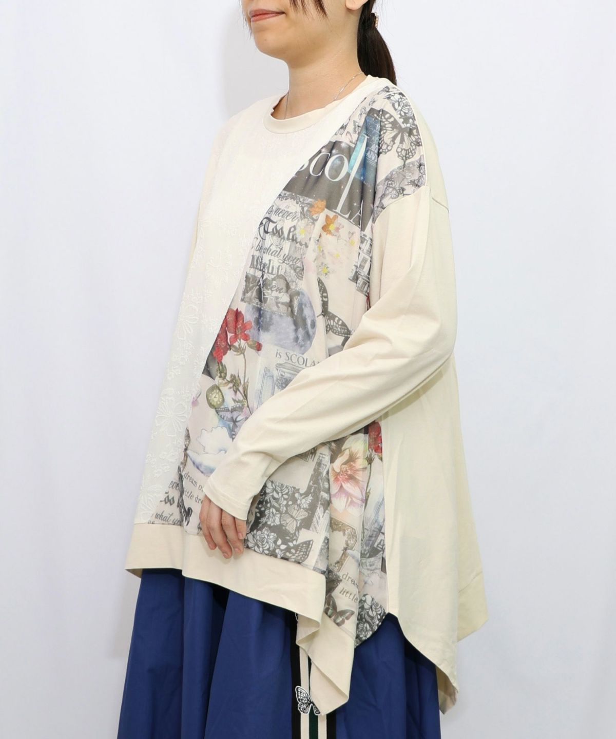 蝶花コラージュ柄 異素材切替プルオーバー-9