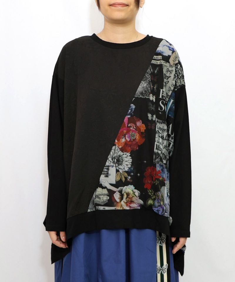 蝶花コラージュ柄 異素材切替プルオーバー-12