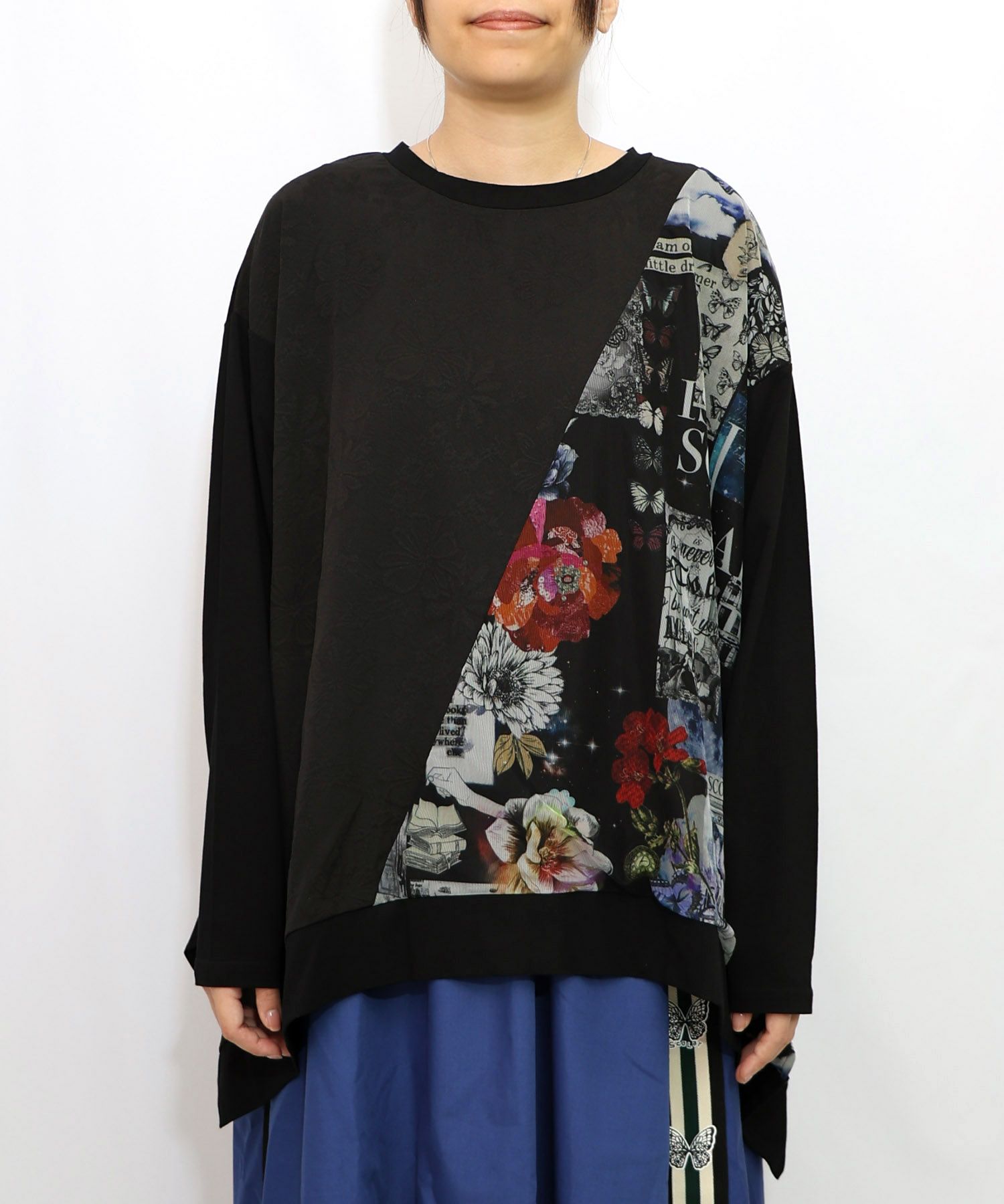 蝶花コラージュ柄 異素材切替プルオーバー-12
