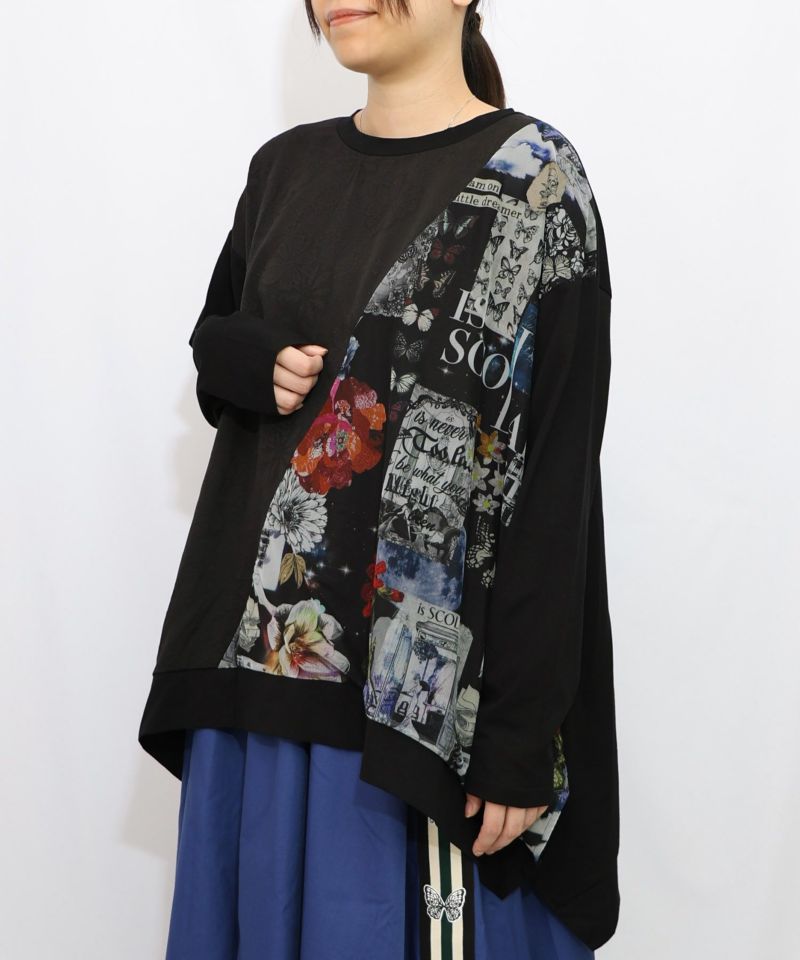 蝶花コラージュ柄 異素材切替プルオーバー-13