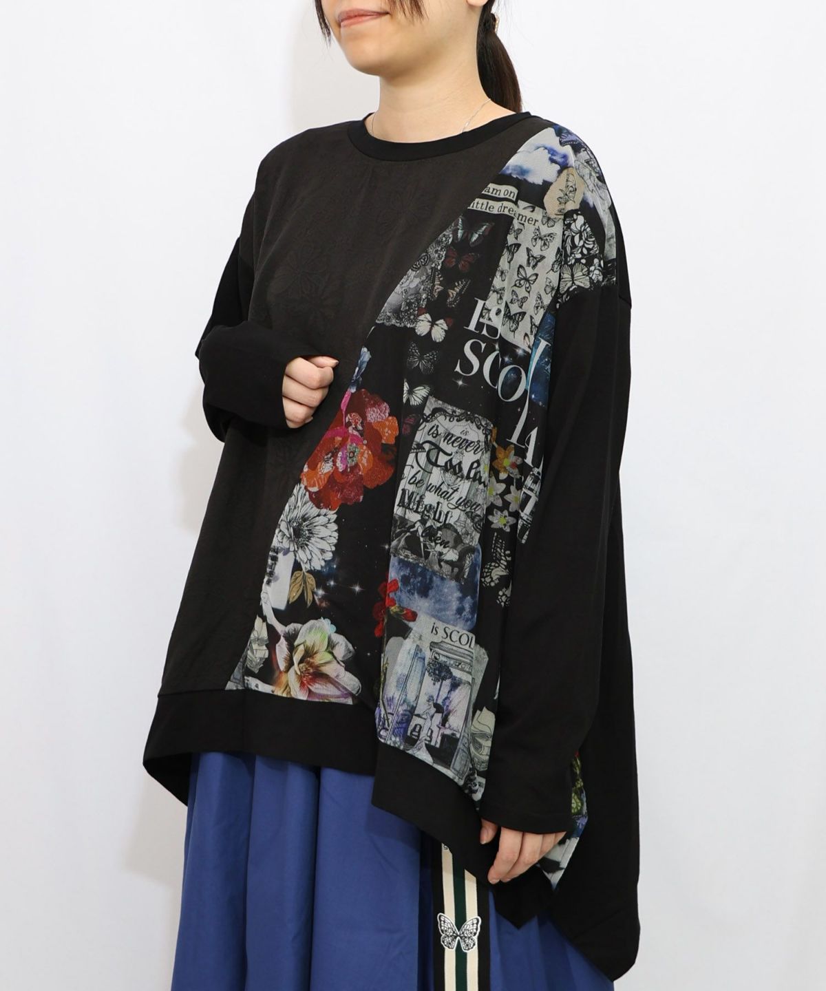 蝶花コラージュ柄 異素材切替プルオーバー-13