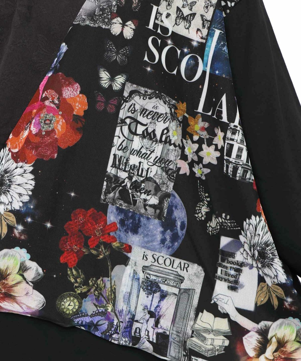 蝶花コラージュ柄 異素材切替プルオーバー-15