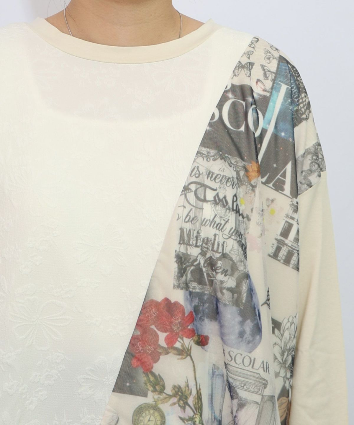 蝶花コラージュ柄 異素材切替プルオーバー-17