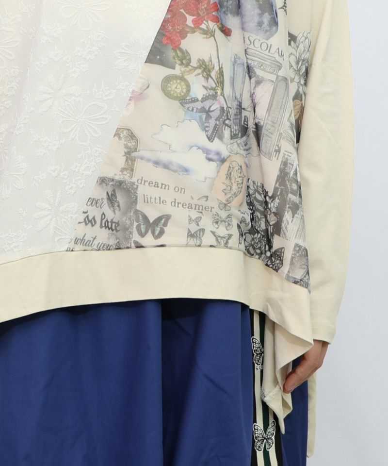 イズスカラー 蝶花コラージュ柄 異素材切替プルオーバー スカラー ScoLar 蝶花コラージュ柄 異素材切替プルオーバー