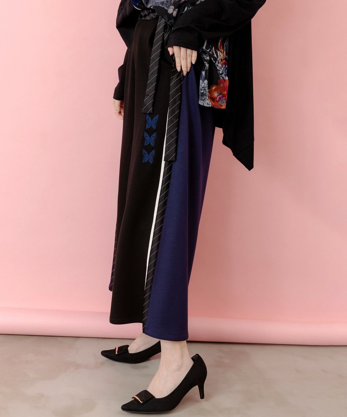 蝶刺繍バイカラー 異素材切替パンツ-4