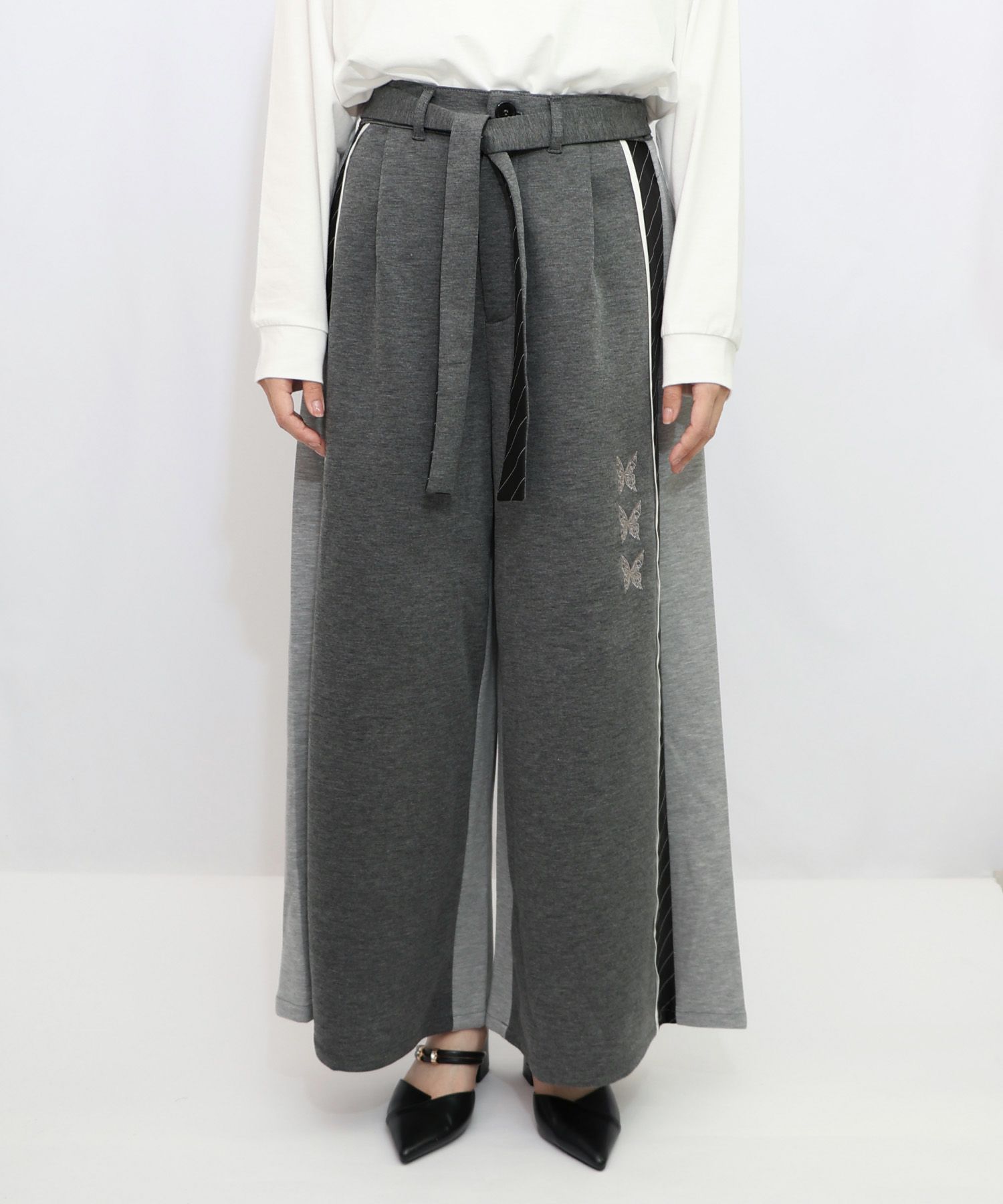 蝶刺繍バイカラー 異素材切替パンツ-8