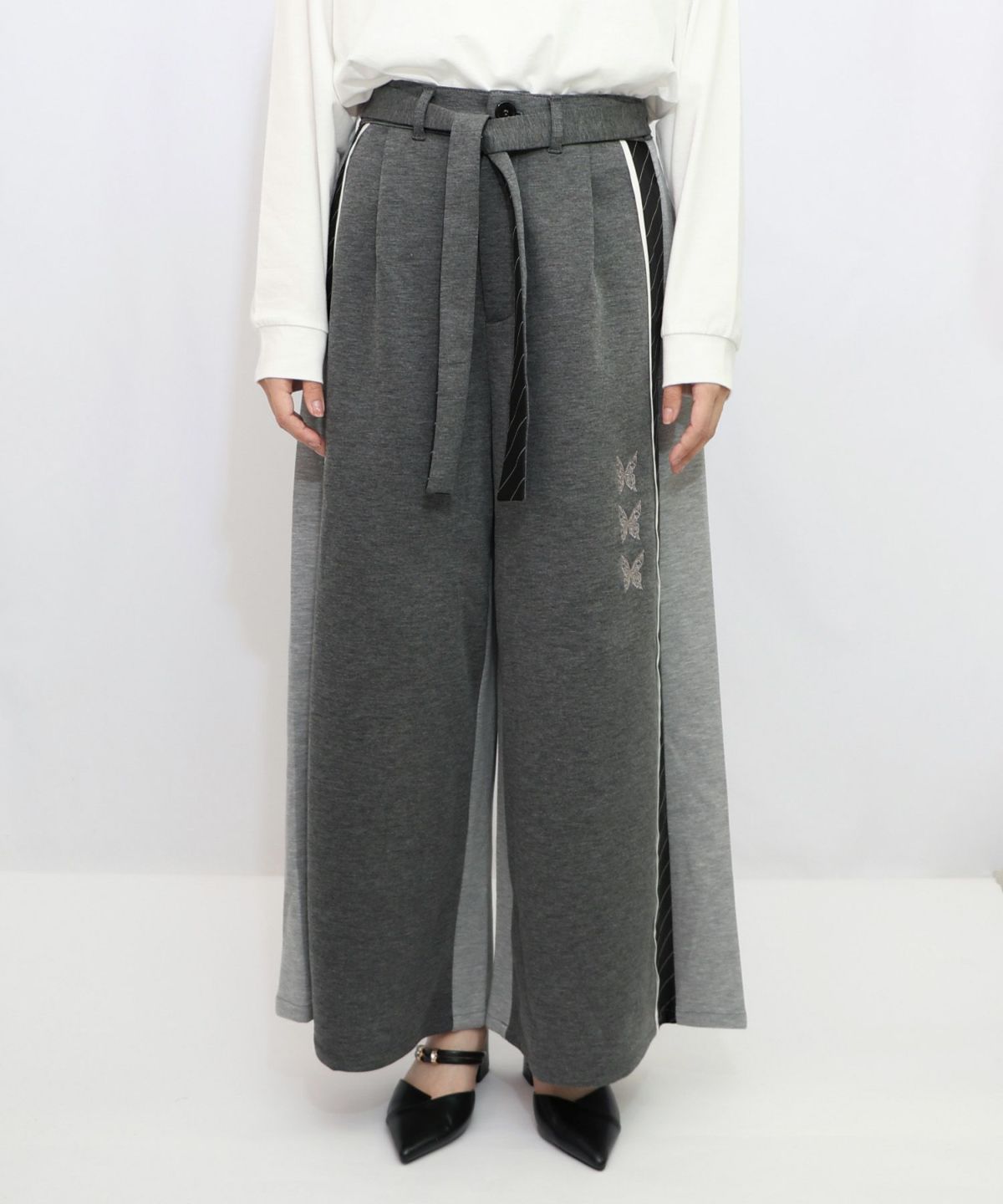 蝶刺繍バイカラー 異素材切替パンツ-8
