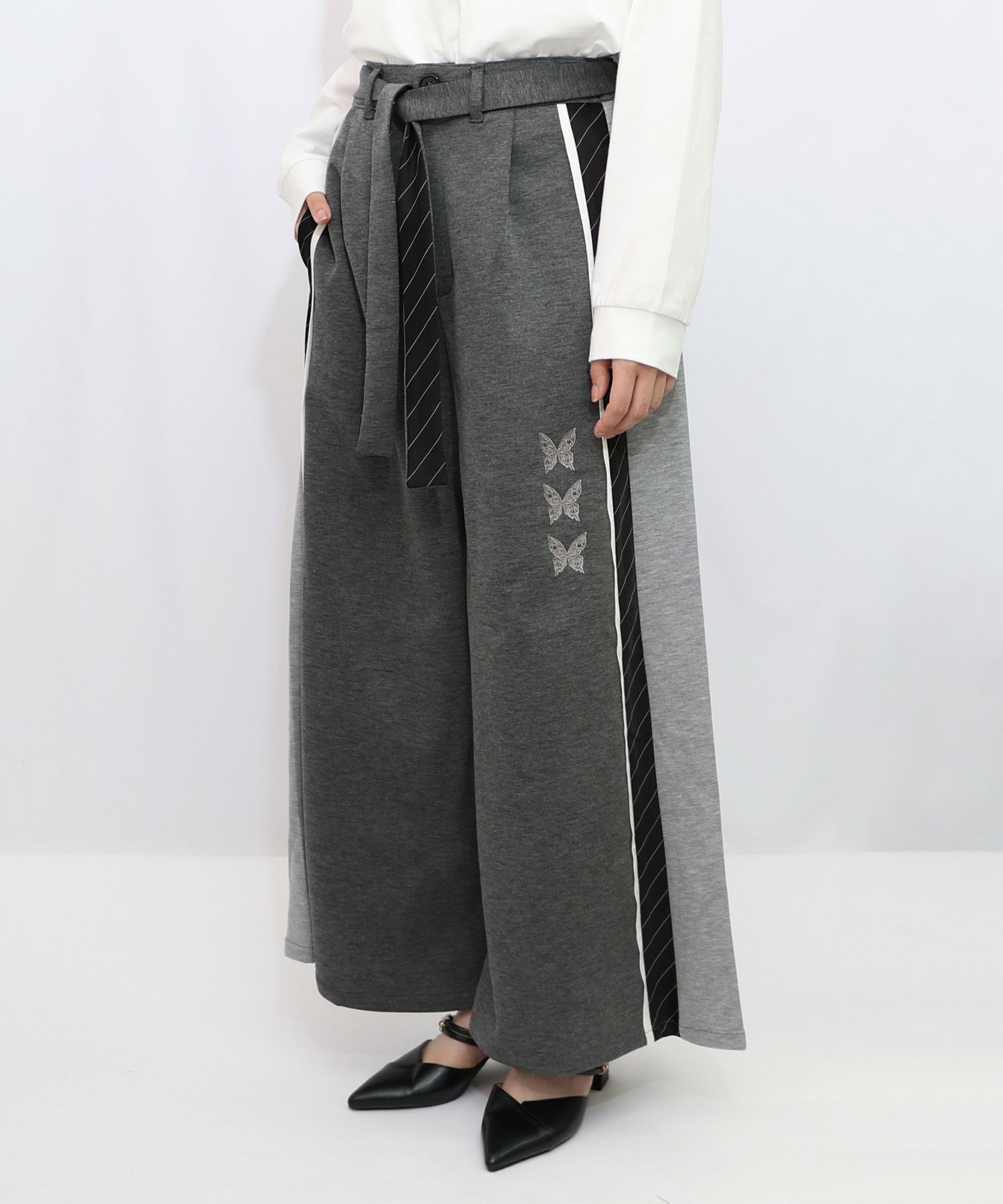 蝶刺繍バイカラー 異素材切替パンツ-9