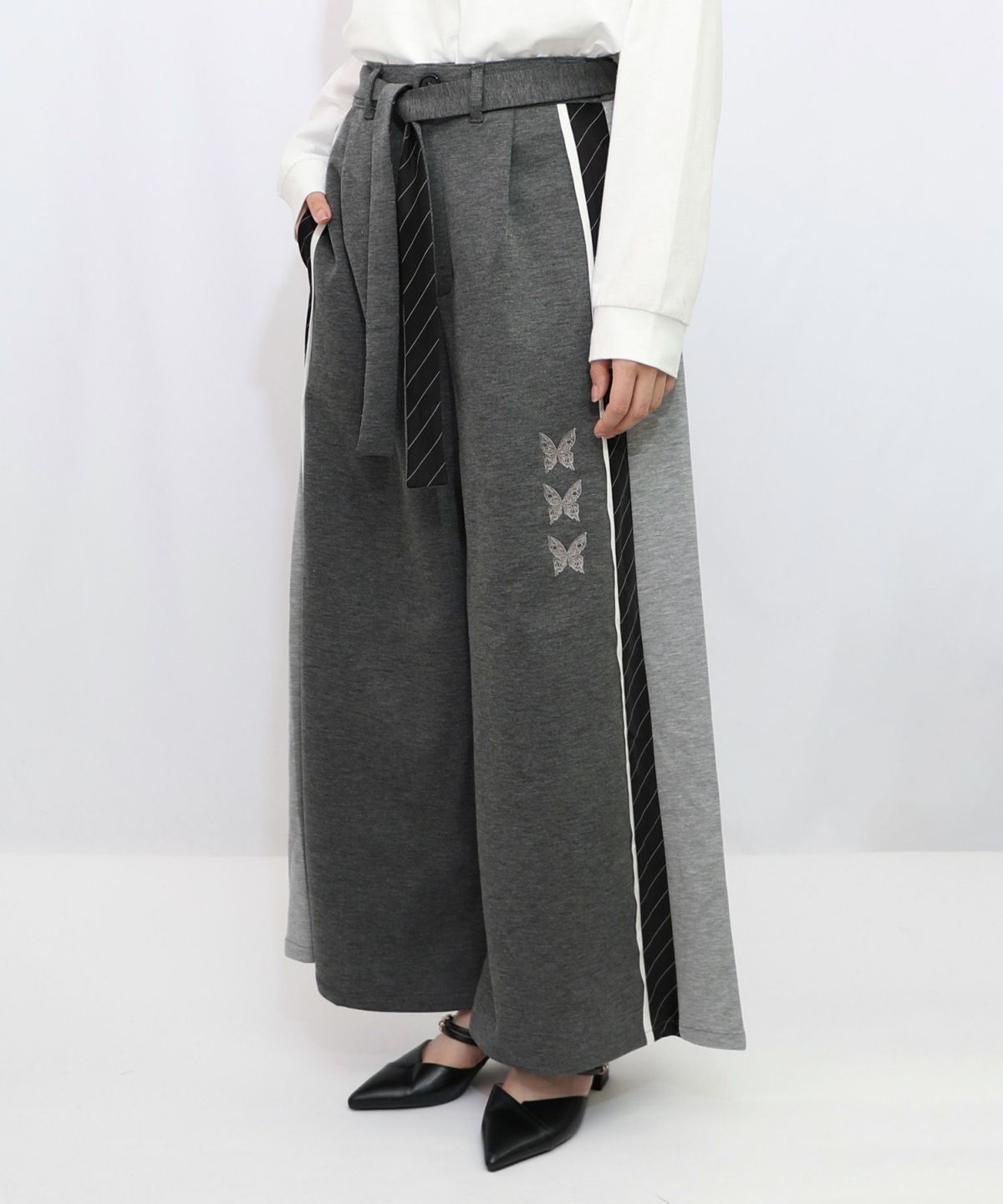 蝶刺繍バイカラー 異素材切替パンツ-9