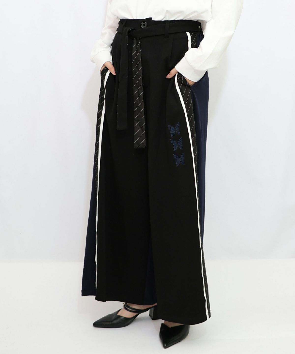 蝶刺繍バイカラー 異素材切替パンツ-13