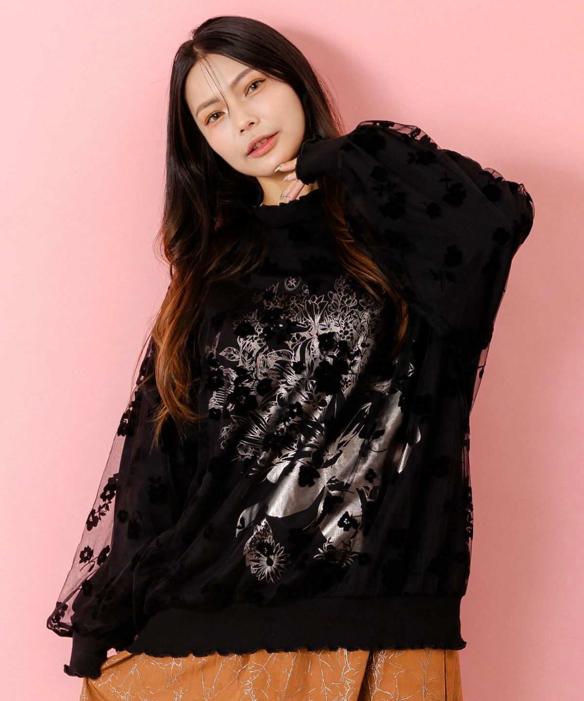 花束柄箔プリントチュール重ねプルオーバー-1