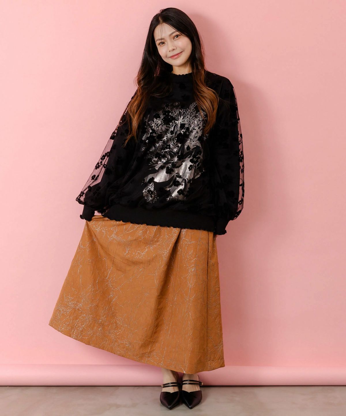 花束柄箔プリントチュール重ねプルオーバー-2