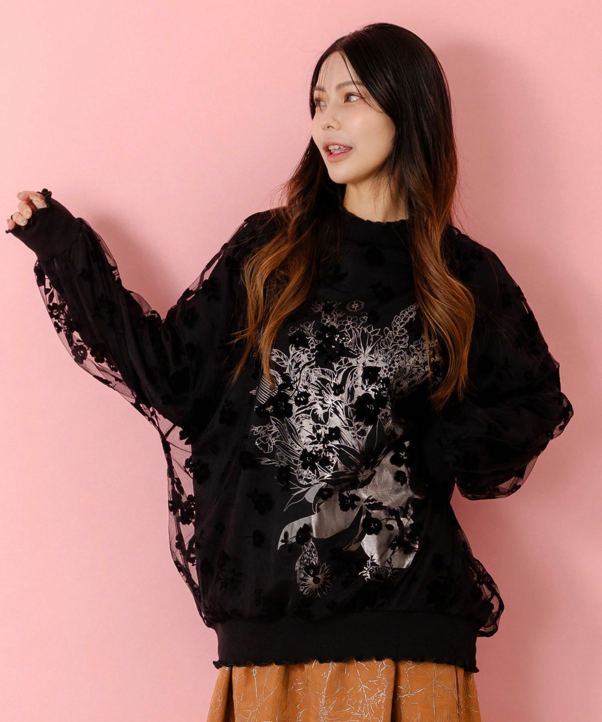 花束柄箔プリントチュール重ねプルオーバー-3
