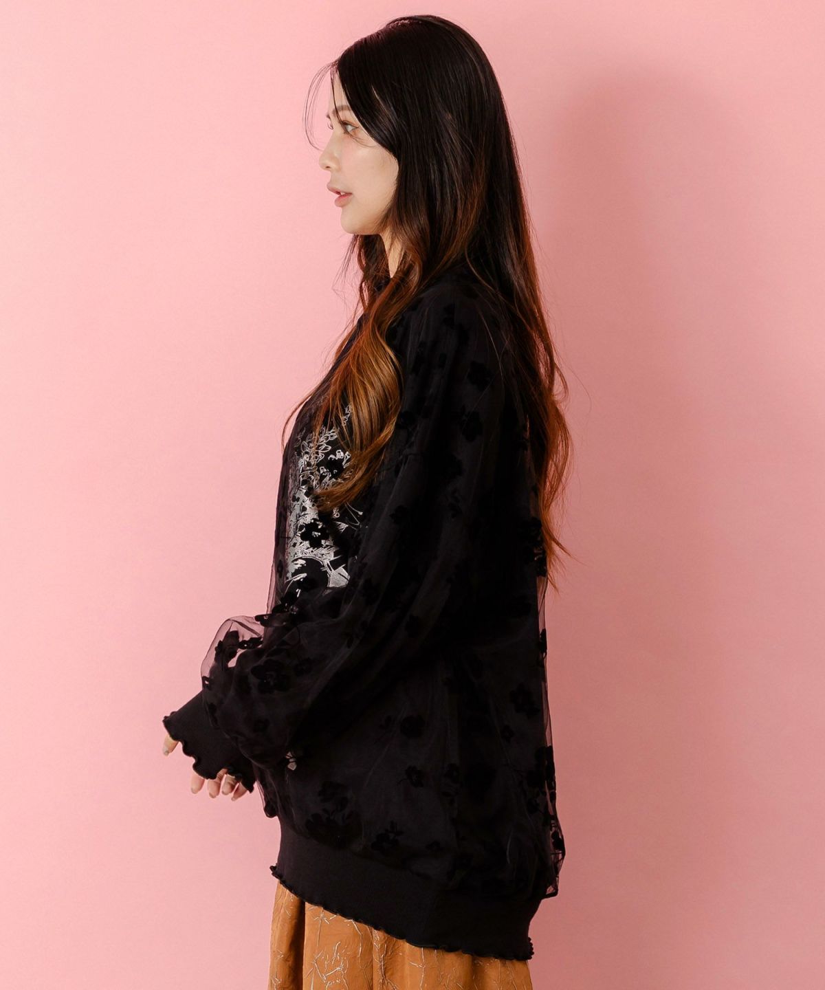 花束柄箔プリントチュール重ねプルオーバー-4