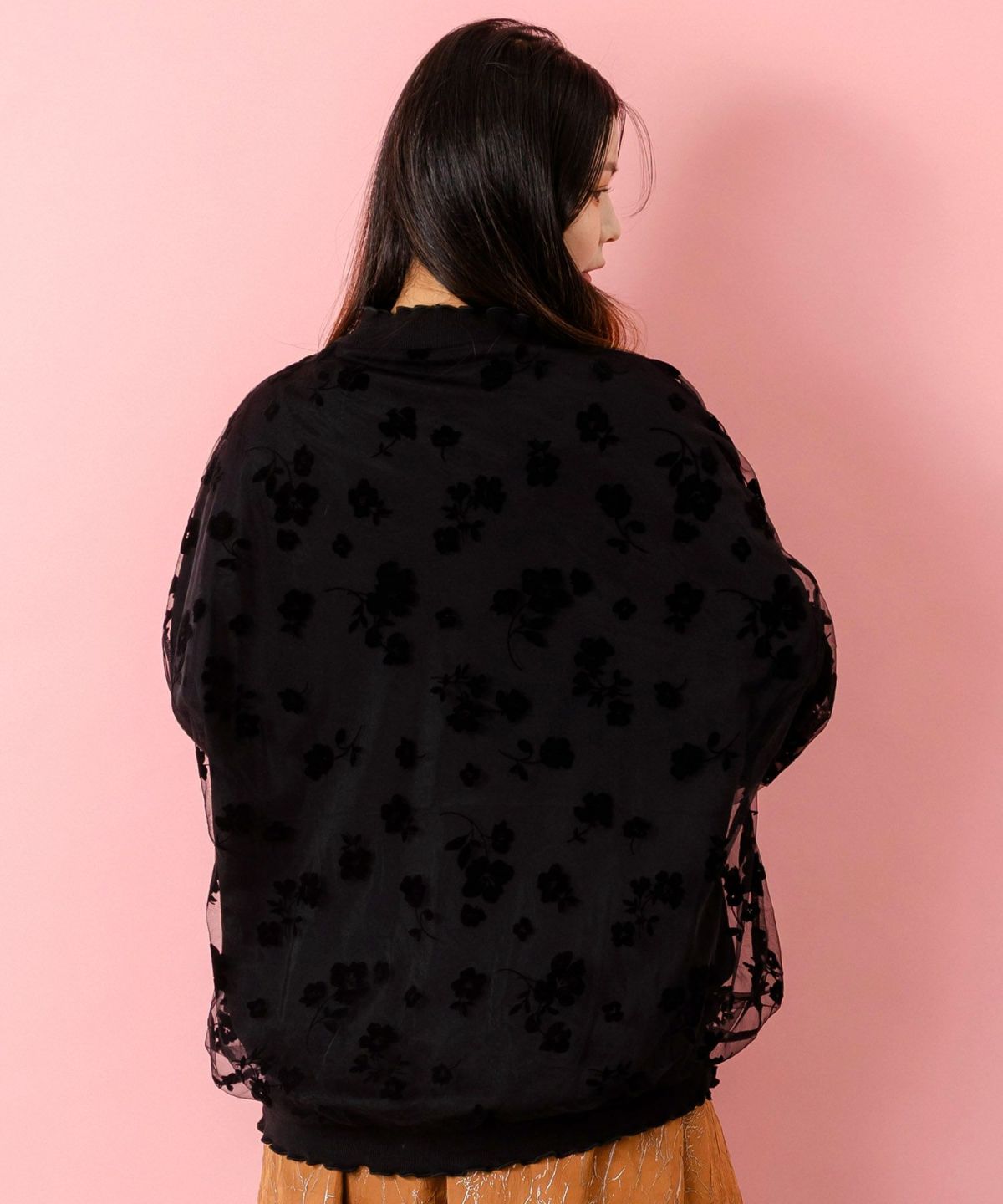 花束柄箔プリントチュール重ねプルオーバー-5