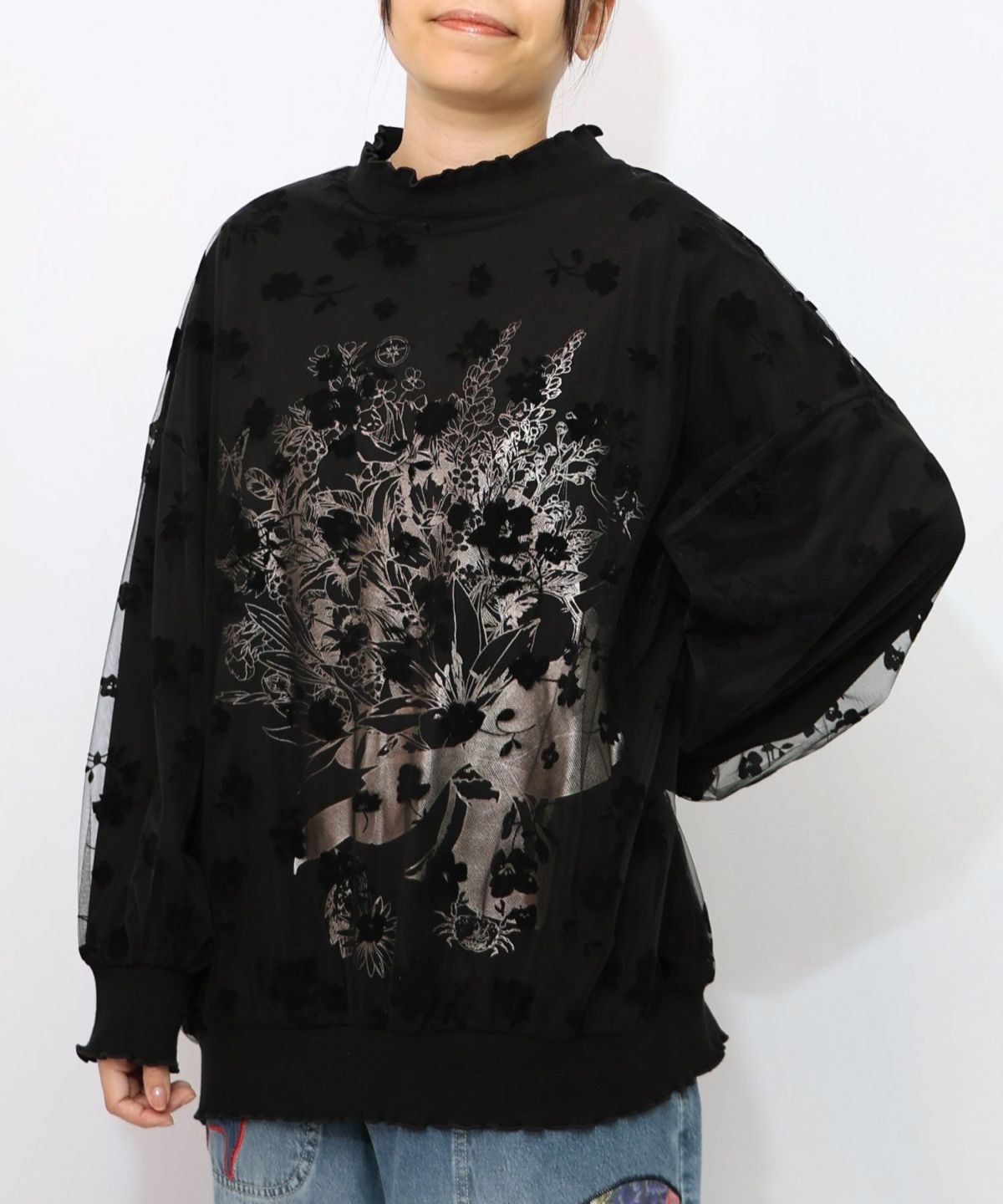 花束柄箔プリントチュール重ねプルオーバー-7