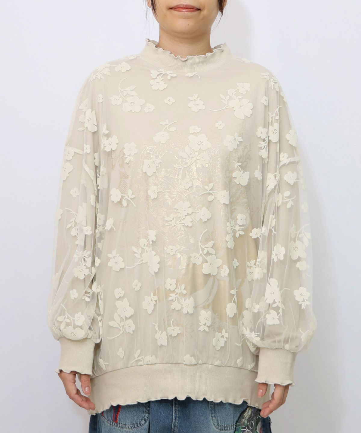 花束柄箔プリントチュール重ねプルオーバー-11