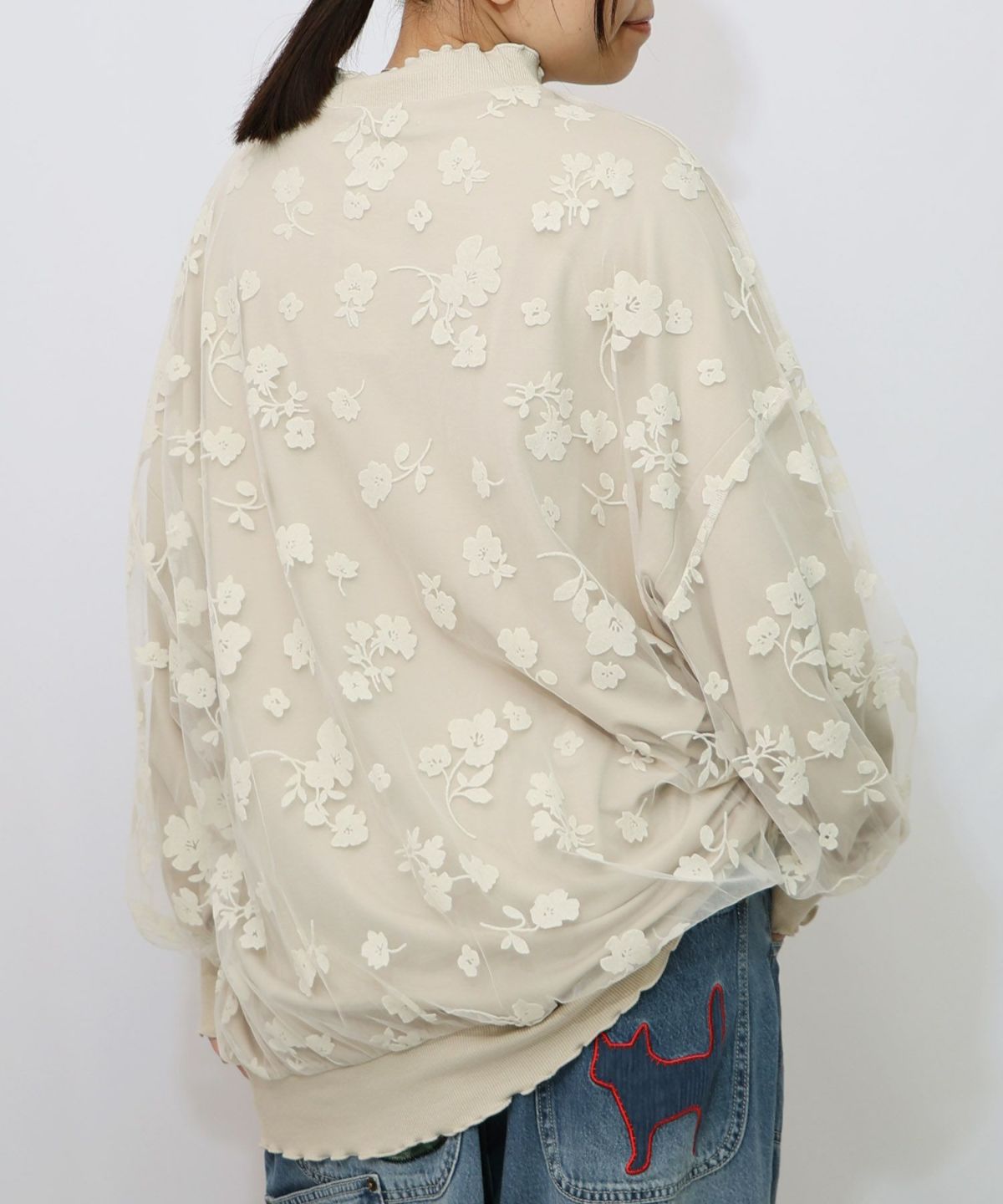 花束柄箔プリントチュール重ねプルオーバー-13