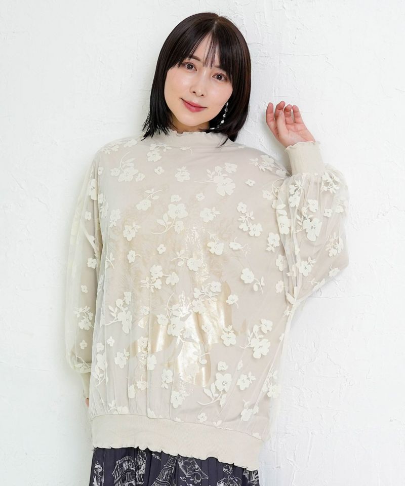 花束柄箔プリントチュール重ねプルオーバー-15