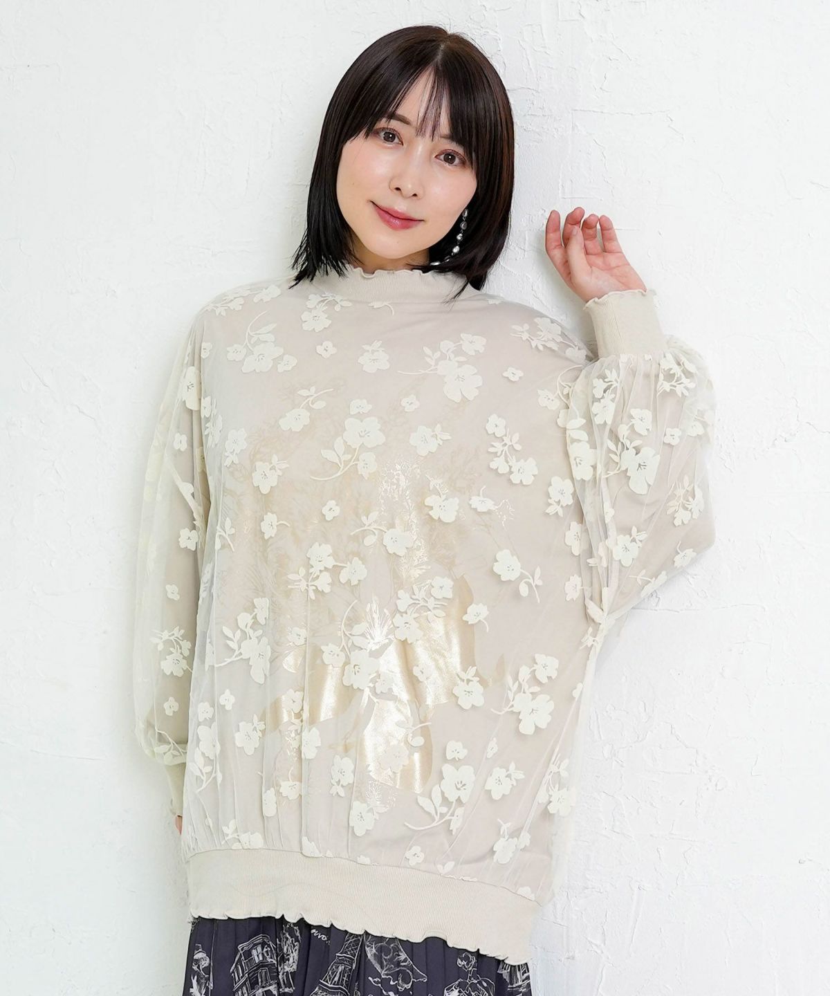 花束柄箔プリントチュール重ねプルオーバー-15
