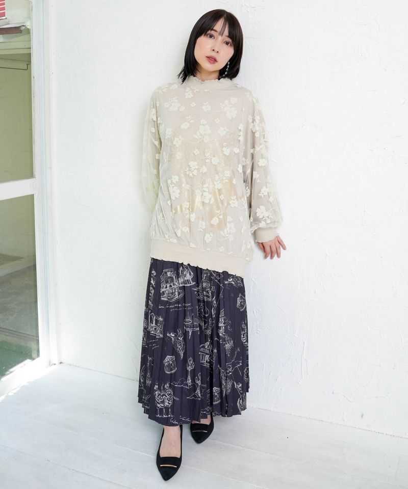 花束柄箔プリントチュール重ねプルオーバー-16