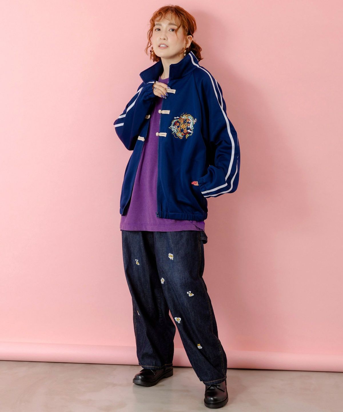 ウサギと龍刺繍 カンフーボタンジャージ-2