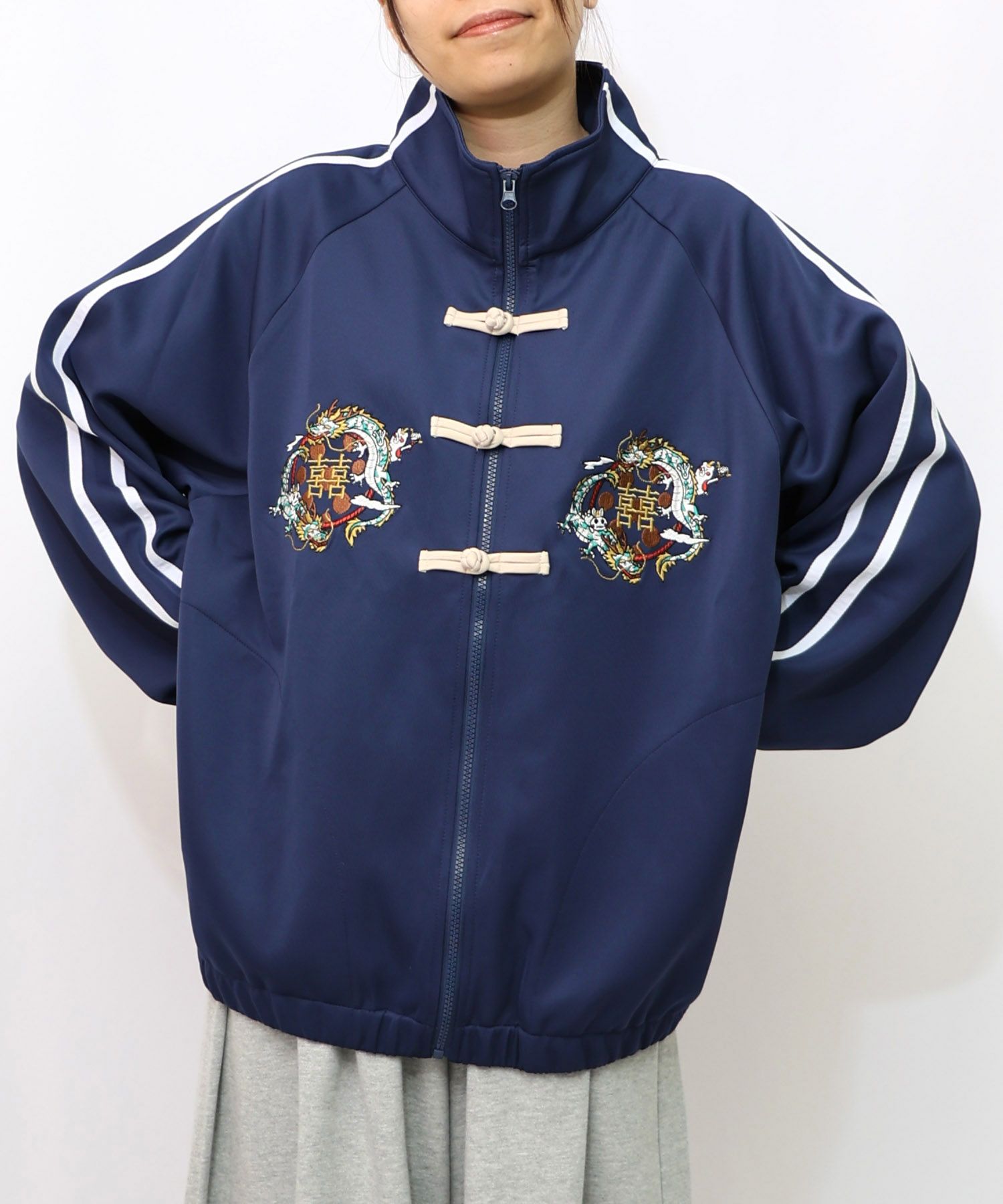 ウサギと龍刺繍 カンフーボタンジャージ-12